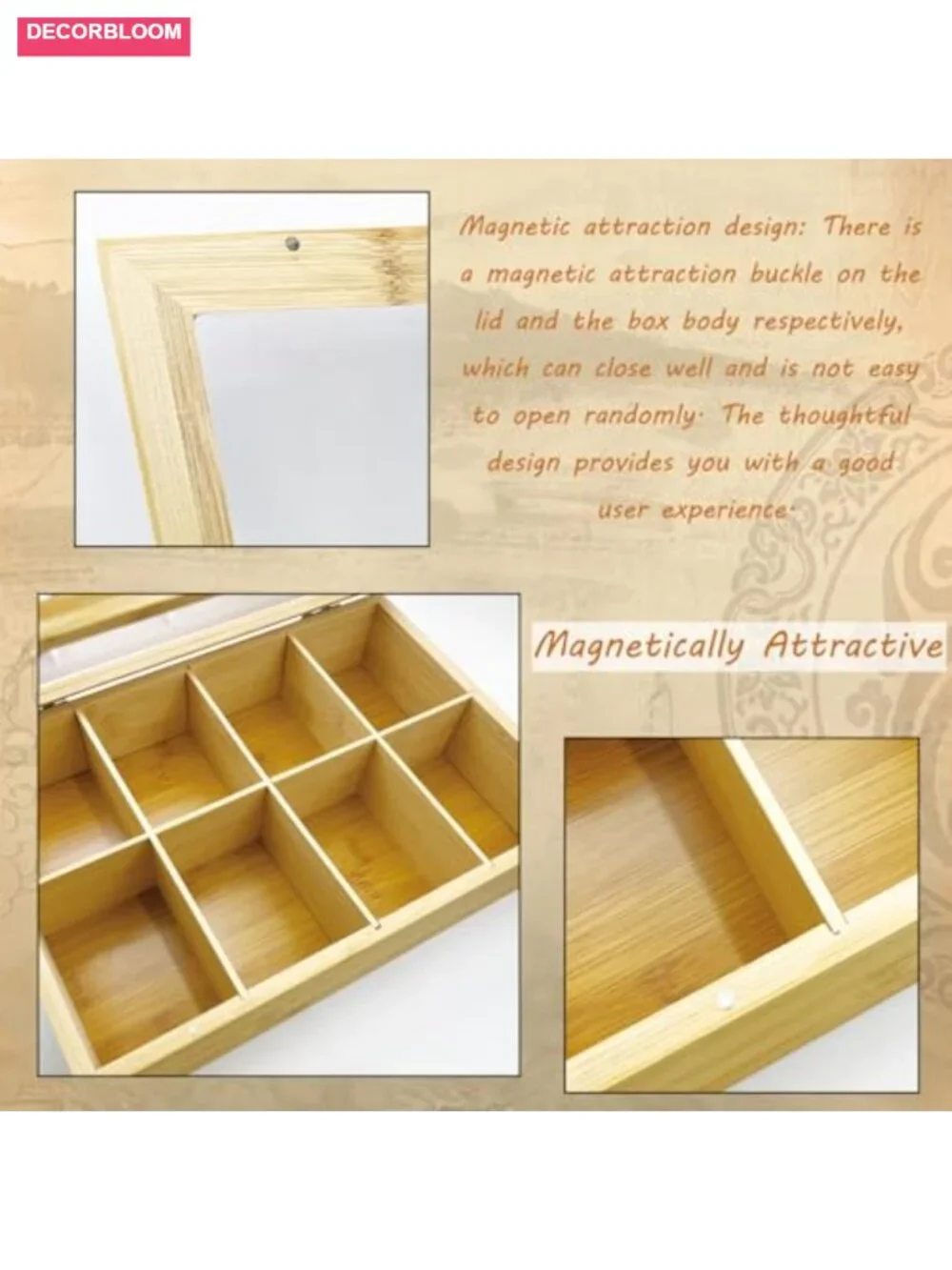Bamboo Tea Bag Holder with Acrylic Lid - 8 Compartment Organizer